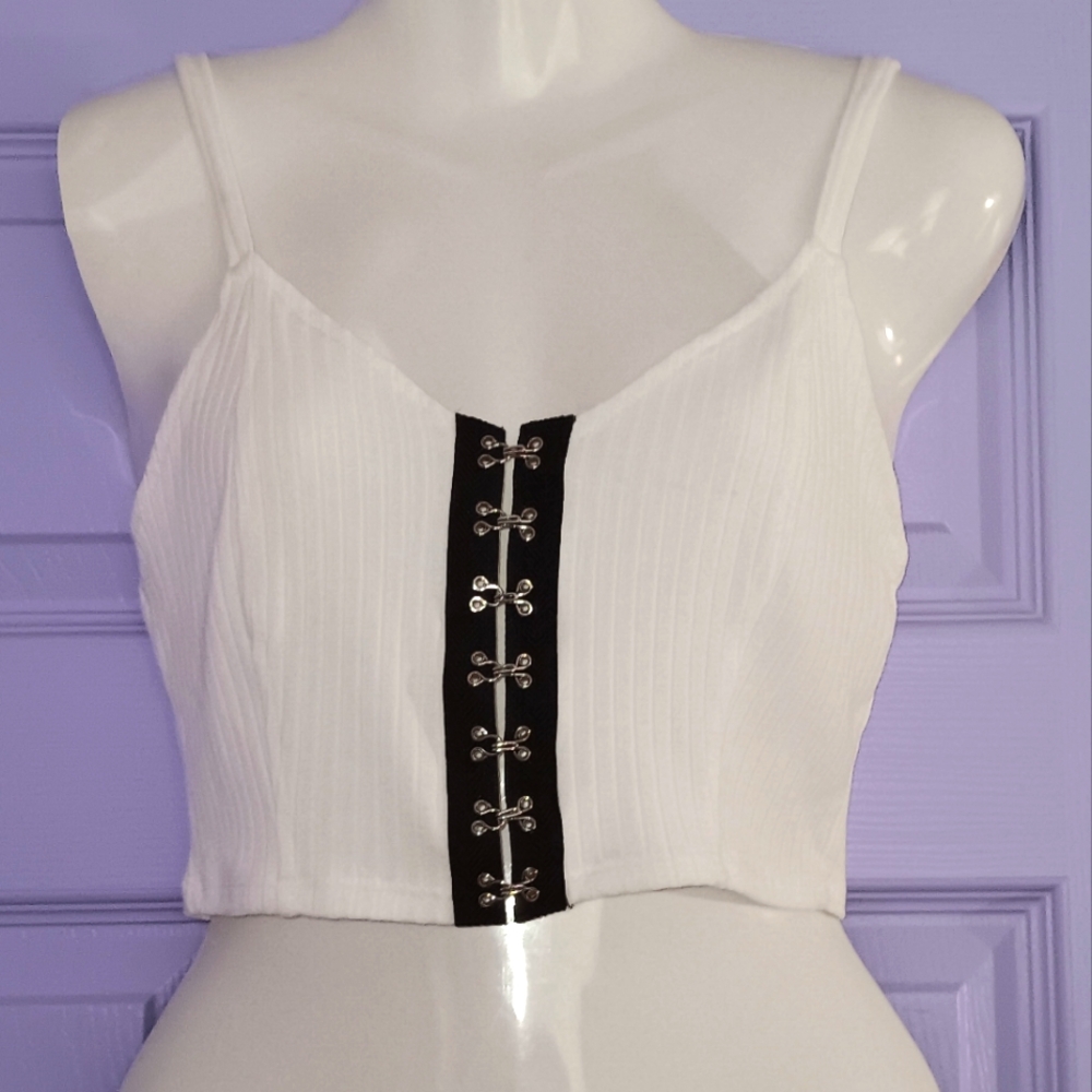 One Clothing | White Crop Camisole Top Black Hook Closure Medium